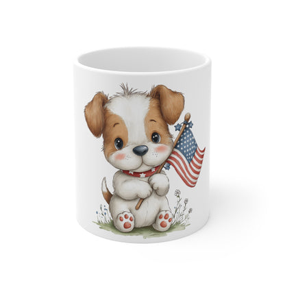 Cute Patriotic Puppy Flag Mug – 4th of July Dog Coffee Mug – Americana Puppy Holding Flag Cup – Red White Blue Pet Lover Gift Cute Puppy with American Flag 11oz Mug — Patriotic Dog Coffee Cup