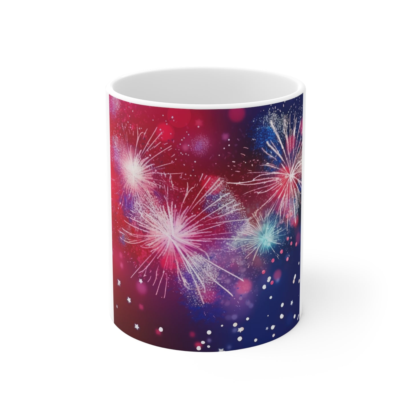 Patriotic Fireworks Burst Coffee Mug – Red Blue Sparkle Mug – Independence Day Celebration Cup – Starry Night USA Design Fireworks Celebration Mug — Colorful Sparkler 11oz Ceramic Coffee Cup