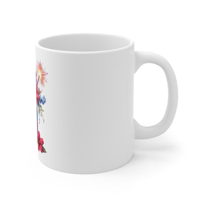 Patriotic Firework Floral Mason Jar Coffee Mug – Red White Blue Sparkler Bouquet Mug – Americana Celebration Cup – 4th of July Gift Mug Patriotic Floral Mug — Red, White & Blue Mason Jar Bouquet (4th...