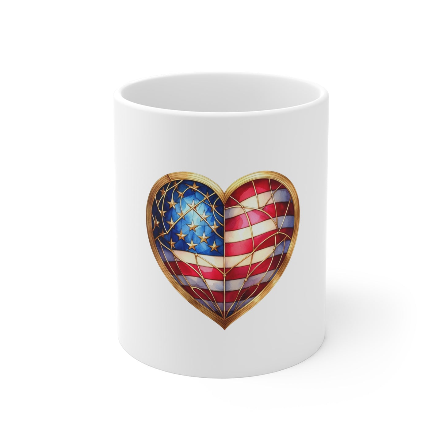 Stained Glass American Flag Heart Mug – Patriotic Heart Coffee Mug – USA Love Americana Cup – Red White Blue Gift Mug Mug 11oz