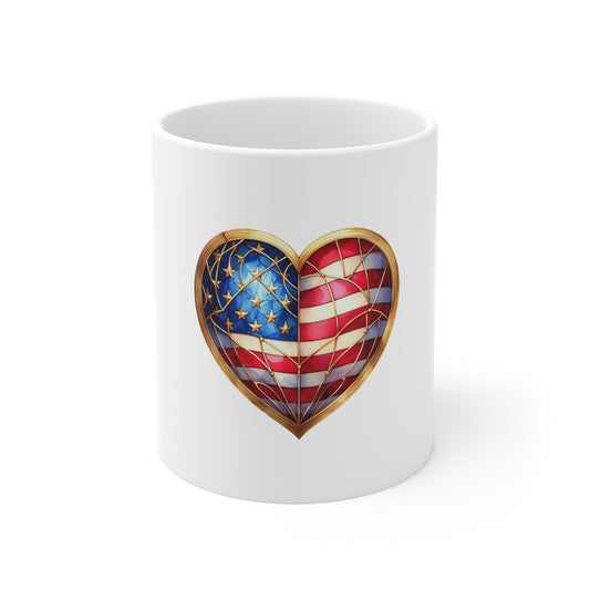 Stained Glass American Flag Heart Mug – Patriotic Heart Coffee Mug – USA Love Americana Cup – Red White Blue Gift Mug Mug 11oz