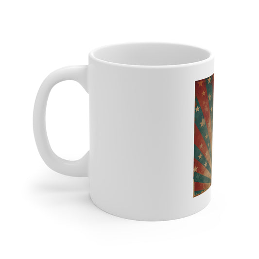 Vintage Americana Starburst Coffee Mug – Retro Patriotic Rays Mug – Distressed USA Star Pattern Cup – Classic Americana Gift Vintage Starburst 11oz Coffee Mug - Patriotic Retro Design