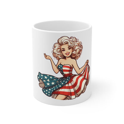 Patriotic Vintage Illustration Mug – Retro Americana Pin-Up Coffee Mug – USA Flag Dress Art Cup – Classic American Sketch Style Mug – Fourth of July Gift Patriotic Pin-Up Girl 11oz Coffee Mug —...