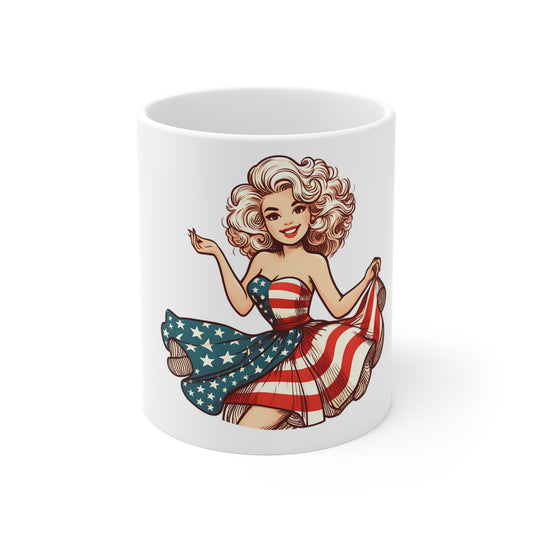 Patriotic Vintage Illustration Mug – Retro Americana Pin-Up Coffee Mug – USA Flag Dress Art Cup – Classic American Sketch Style Mug – Fourth of July Gift Patriotic Pin-Up Girl 11oz Coffee Mug —...