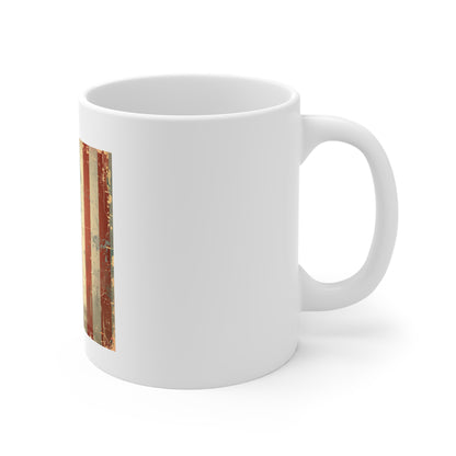 Vintage American Flag Coffee Mug – Vertical Patriotic USA Mug – Distressed Stars & Stripes 11oz Ceramic Cup – Classic Americana Gift