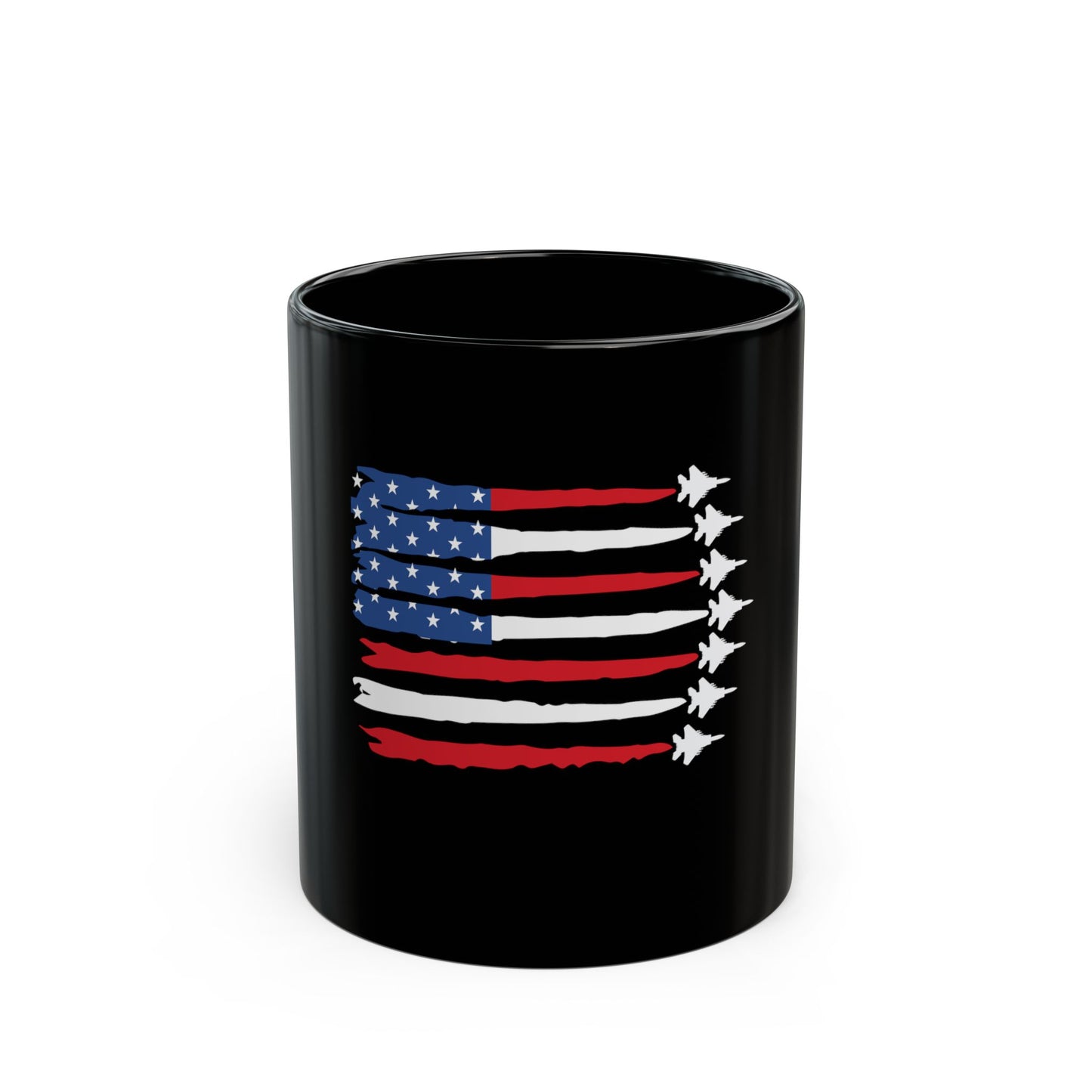 American Fighter Jet Flag Mug – Patriotic Jet Stripe Coffee Mug – USA Air Force Inspired Flag Cup – Red White Blue Aviation Mug Black Mug (11oz, 15oz)