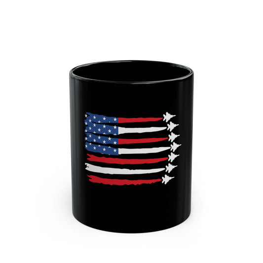 American Fighter Jet Flag Mug – Patriotic Jet Stripe Coffee Mug – USA Air Force Inspired Flag Cup – Red White Blue Aviation Mug Black Mug (11oz, 15oz)