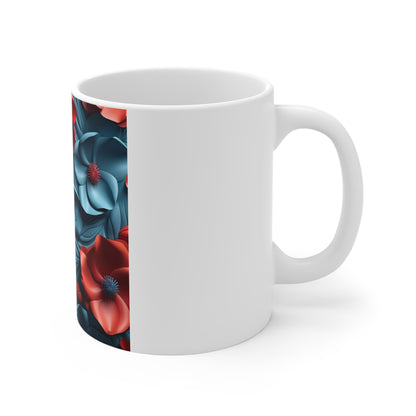 Patriotic 3D Floral Coffee Mug – Red Blue Sculpted Flower Mug – Modern Layered Botanical Cup – Bold Americana Design Mug 11oz Ceramic Mug — Red & Teal Floral Pattern