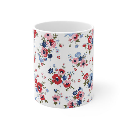 Patriotic Wildflower Coffee Mug – Red White Blue Floral Mug – Vintage Americana Blossom Cup – Soft Cottage Garden Mug Floral Vintage 11oz Ceramic Mug – Red & Blue Wildflower Pattern