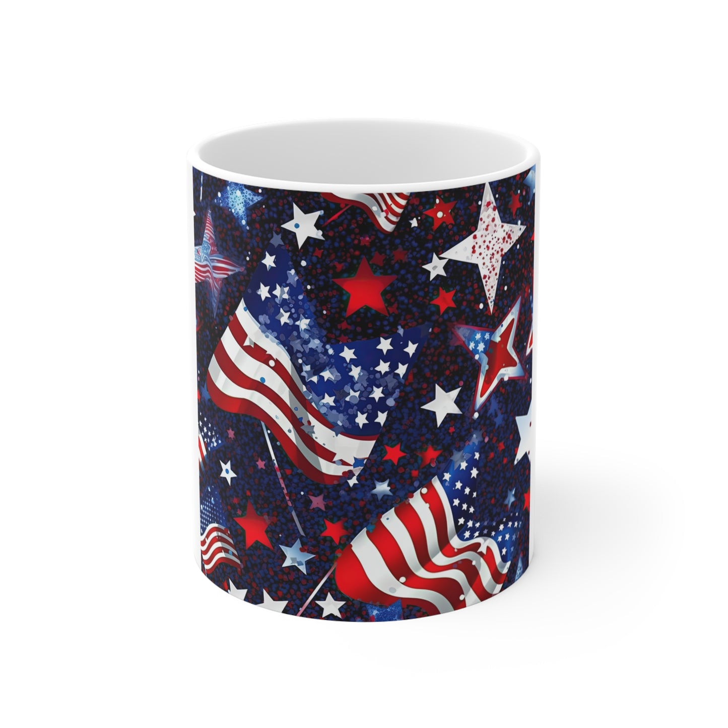 Starry American Flag Coffee Mug – Glitter Patriotic Mug – Sparkle USA Flag Cup – Festive Americana Stars Mug American Flag Stars Mug – Patriotic 11oz Coffee Cup for 4th of July & Veterans Day