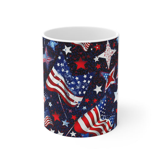 Starry American Flag Coffee Mug – Glitter Patriotic Mug – Sparkle USA Flag Cup – Festive Americana Stars Mug American Flag Stars Mug – Patriotic 11oz Coffee Cup for 4th of July & Veterans Day