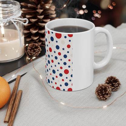 Patriotic Polka Dot Coffee Mug – Red White Blue Star Dot Mug – Minimalist USA Pattern Mug – Cute Americana Gift11oz
