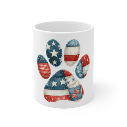 Patriotic Quilt Dog Paw Coffee Mug – Rustic Americana Paw Print Mug – Red White Blue Patchwork Dog Lover Mug – USA Pet Gift Cup Patriotic Paw Print Mug - 11oz Americana Dog Lover Coffee Cup