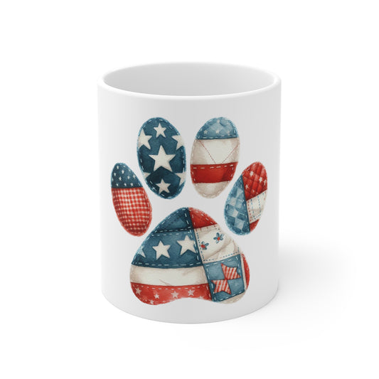 Patriotic Quilt Dog Paw Coffee Mug – Rustic Americana Paw Print Mug – Red White Blue Patchwork Dog Lover Mug – USA Pet Gift Cup Patriotic Paw Print Mug - 11oz Americana Dog Lover Coffee Cup