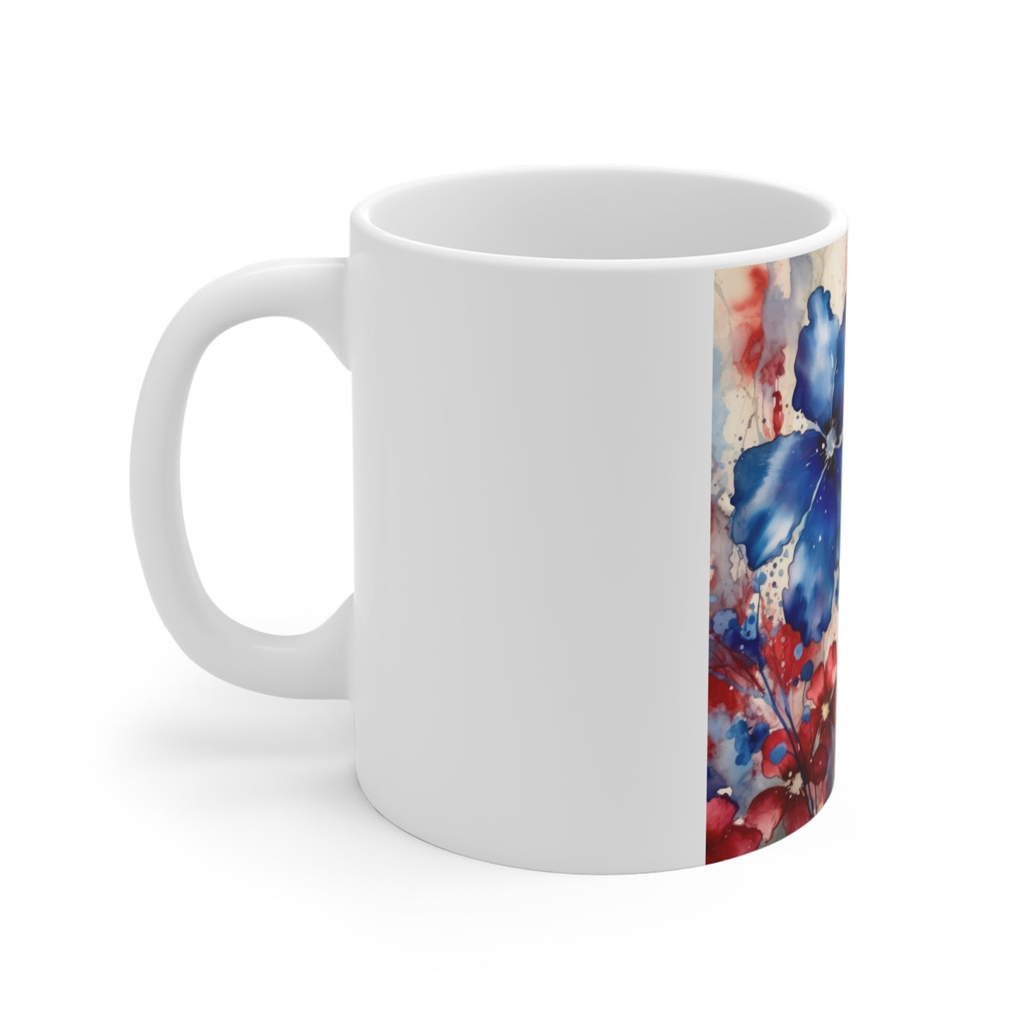 Patriotic Blue Flower Coffee Mug – Red Blue Watercolor Floral Mug – Artistic Americana Blossom Cup – Elegant Botanical Gift Mug Blue & Red Watercolor Floral Mug - 11oz Ceramic Coffee Cup