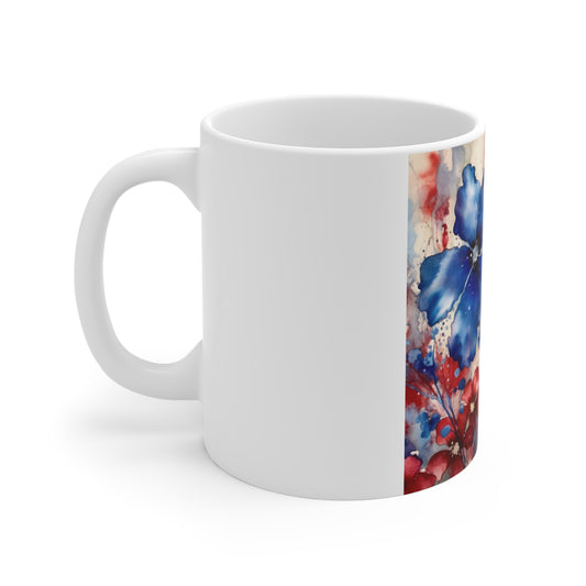 Patriotic Blue Flower Coffee Mug – Red Blue Watercolor Floral Mug – Artistic Americana Blossom Cup – Elegant Botanical Gift Mug Blue & Red Watercolor Floral Mug - 11oz Ceramic Coffee Cup