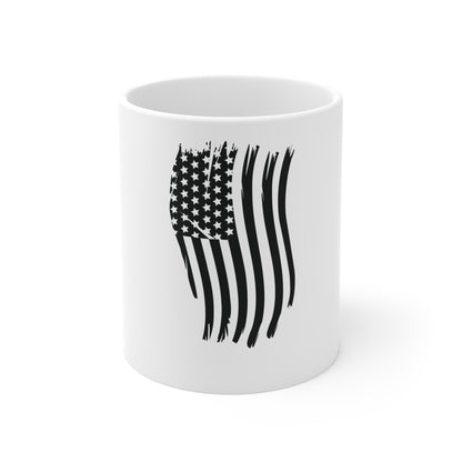 Blacked-Out Vertical American Flag Coffee Mug – Distressed USA Flag Mug – Stealth Patriotic Cup – Minimalist Hanging Flag Design Mug 11oz