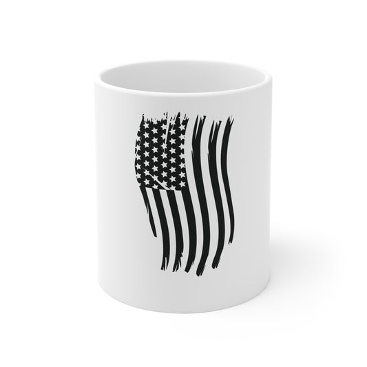 Blacked-Out Vertical American Flag Coffee Mug – Distressed USA Flag Mug – Stealth Patriotic Cup – Minimalist Hanging Flag Design Mug 11oz