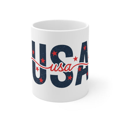 USA Script Stars Coffee Mug – Patriotic Distressed USA Mug – Red White Blue Minimal Americana Cup – Classic USA Pride Gift Mug 11oz