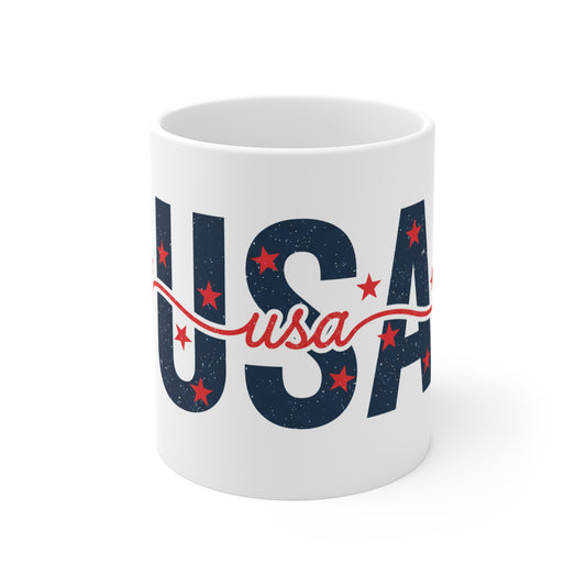USA Script Stars Coffee Mug – Patriotic Distressed USA Mug – Red White Blue Minimal Americana Cup – Classic USA Pride Gift Mug 11oz