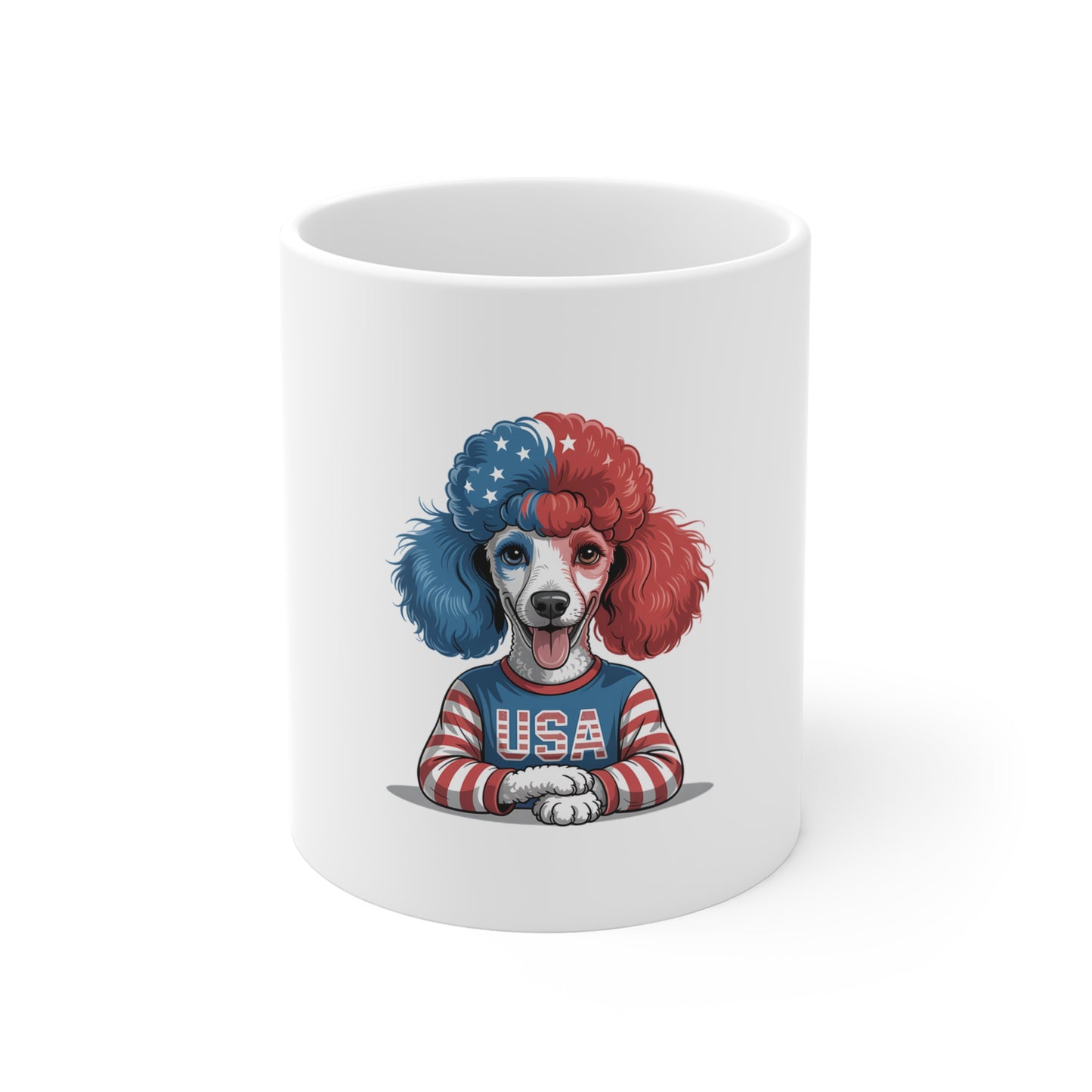 Patriotic Poodle USA Mug — 11oz Red White Blue Dog Coffee Cup
