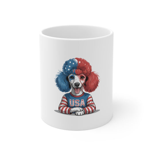 Patriotic Poodle USA Mug — 11oz Red White Blue Dog Coffee Cup