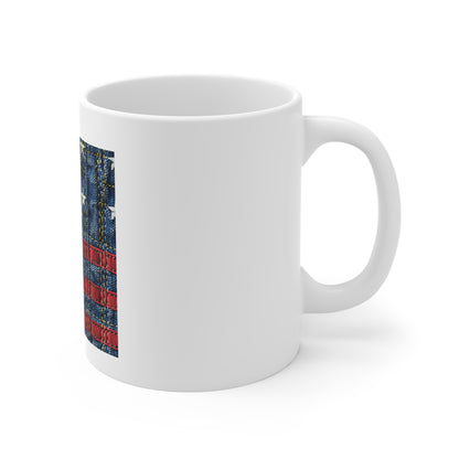 American Flag Denim Coffee Mug – Patriotic Jeans Stitch Mug – USA Flag Cup – Rustic Americana Gift – Country Style Mug 11oz Ceramic