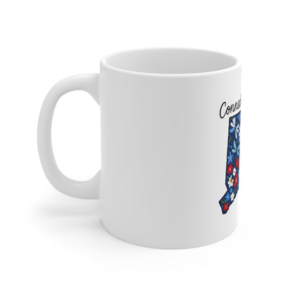 Connecticut Floral State Map 11oz Mug — Cute Red White Blue Flowers & Butterfly