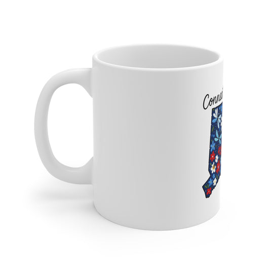 Connecticut Floral State Map 11oz Mug — Cute Red White Blue Flowers & Butterfly