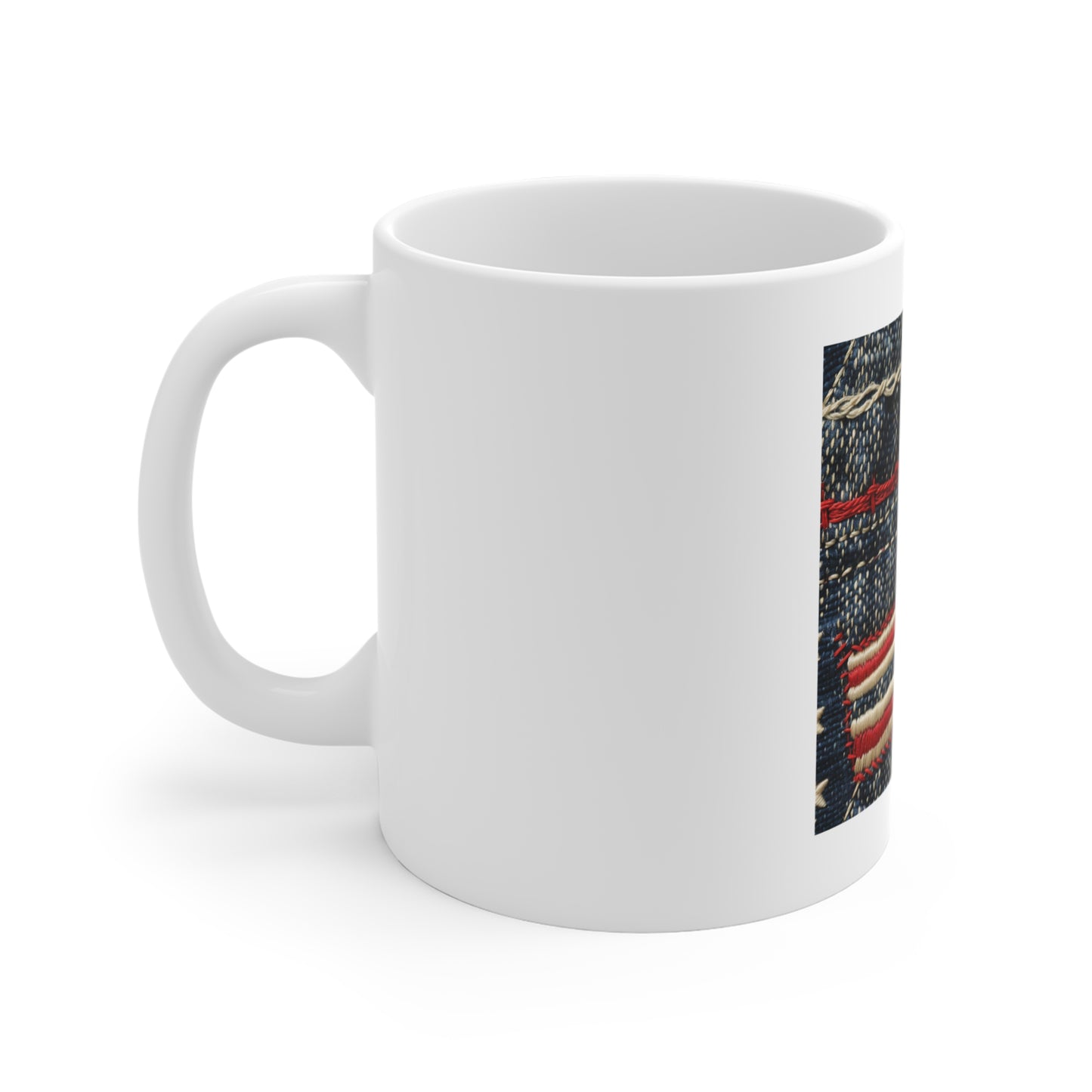 American Flag Denim Coffee Mug – Patched USA Flag Stitch Mug – Patriotic Jeans Cup – Rustic Americana Gift – Handmade Style Mug 11oz