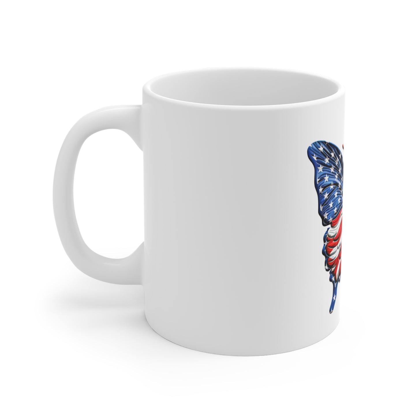 Bold American Flag Butterfly Mug – Vibrant Patriotic Butterfly Coffee Mug – Red White Blue Flowing Wing Design – USA Statement Gift American Flag Butterfly Mug — Patriotic 11oz Coffee Cup