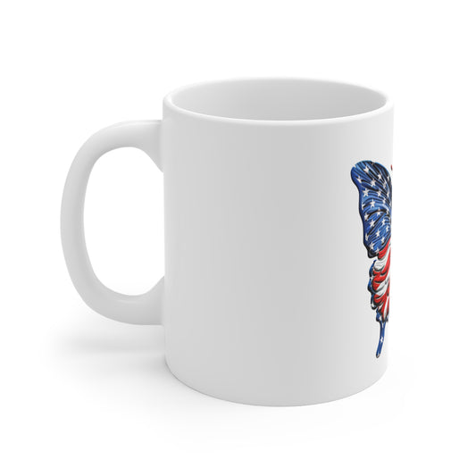 Bold American Flag Butterfly Mug – Vibrant Patriotic Butterfly Coffee Mug – Red White Blue Flowing Wing Design – USA Statement Gift American Flag Butterfly Mug — Patriotic 11oz Coffee Cup