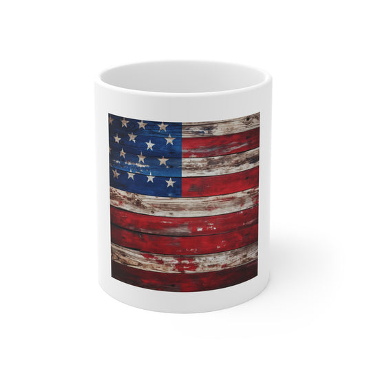 Distressed American Flag Wood Coffee Mug – Weathered Rustic USA Flag Mug – Vintage Painted Wood Patriotic Cup – Americana Gift Rustic American Flag Coffee Mug — 11oz Patriotic USA Gift