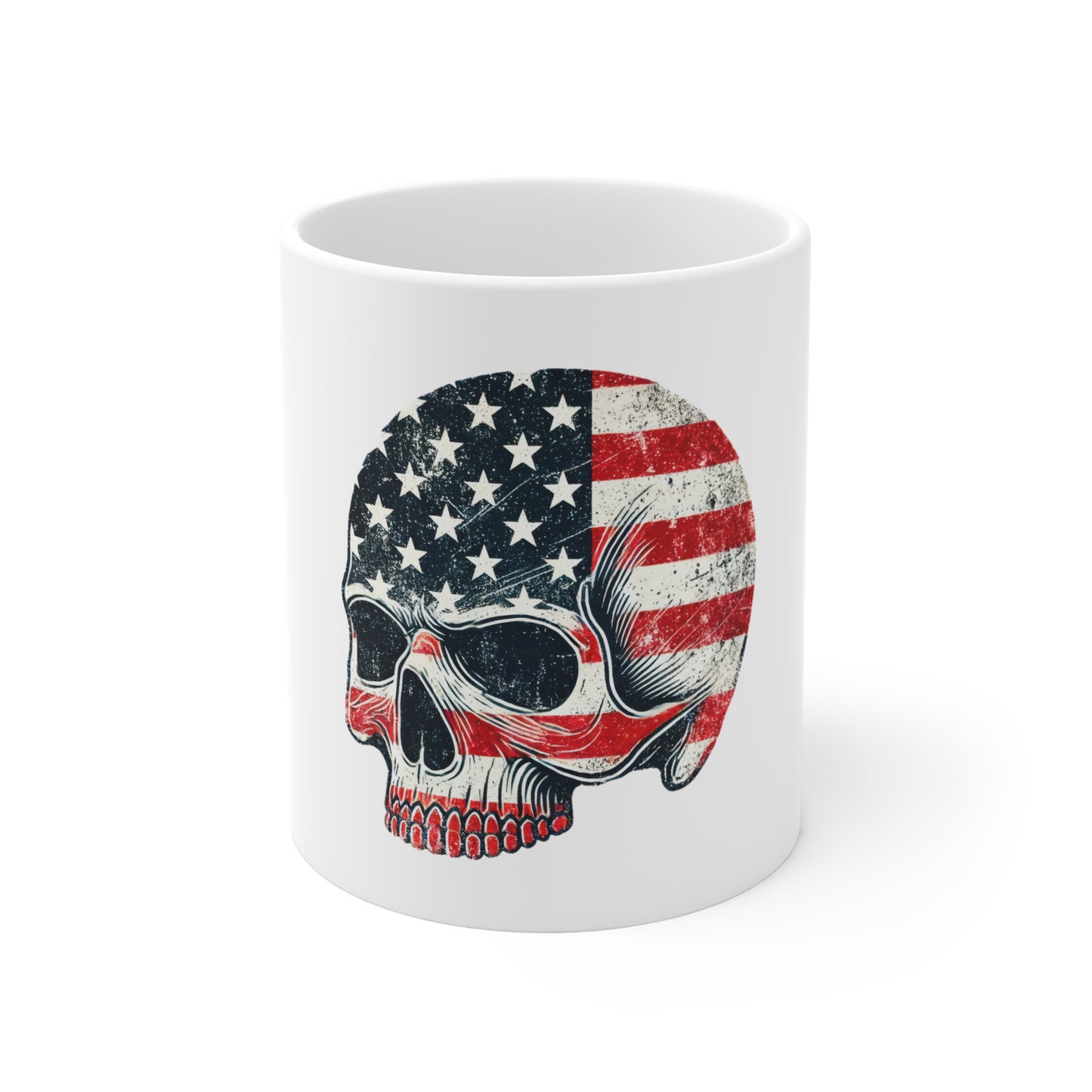 American Flag Skull Mug – Left-Facing Patriotic Skull Coffee Cup – Distressed Vintage USA Freedom Design Mug 11oz