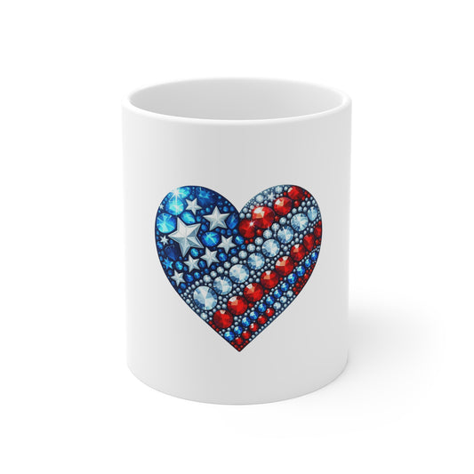 Patriotic Rhinestone Heart Mug — American Flag Heart 11oz Coffee Cup