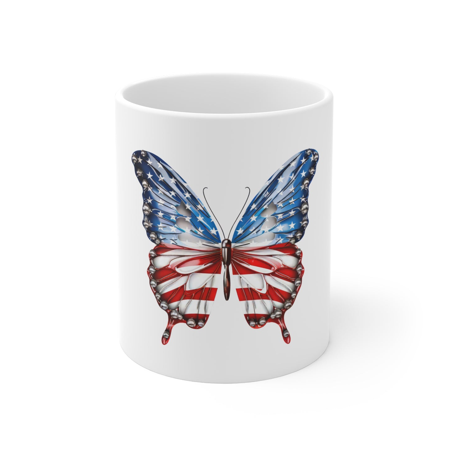 Jeweled American Flag Butterfly Mug – Luxury Patriotic Butterfly Coffee Mug – Red White Blue Crystal Accent Wing Design – Premium USA Gift American Flag Butterfly Mug — Patriotic 11oz Coffee Cup for...