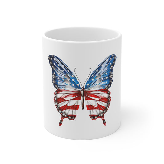 Jeweled American Flag Butterfly Mug – Luxury Patriotic Butterfly Coffee Mug – Red White Blue Crystal Accent Wing Design – Premium USA Gift American Flag Butterfly Mug — Patriotic 11oz Coffee Cup for...