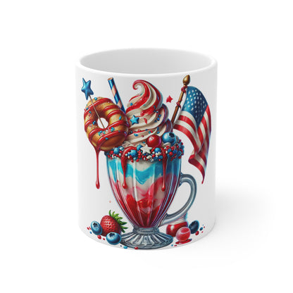 Patriotic Donut Milkshake Coffee Mug – 4th of July Dessert Mug – Red White Blue Drip Cup – Americana Sweet Treat Mug – Festive Gift Mug Patriotic Red White & Blue Milkshake Mug - 11oz Fourth of July...