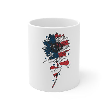 Patriotic Sunflower Coffee Mug – American Flag Floral Stem Mug – Artistic Red White Blue Flower Design – USA Gift Mug 11oz