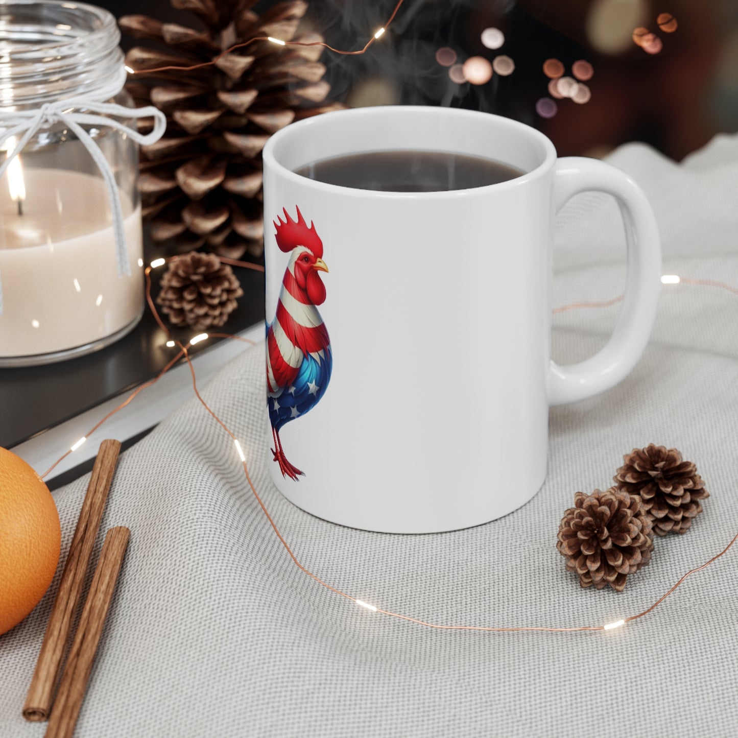 Patriotic Rooster Coffee Mug – American Flag Chicken Mug – Red White Blue Farmhouse Rooster Cup – USA Country Gift American Flag Rooster Mug (11oz) — Patriotic USA Coffee Cup