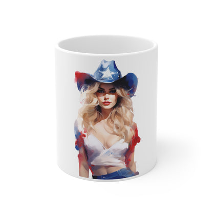 Patriotic Watercolor Cowgirl Mug – Elegant Americana Woman Coffee Mug – Red White Blue Hat Art Cup – Modern Western Style Mug – Gift for Her Patriotic Cowgirl Art Mug — 11oz USA Flag Pinup Coffee Cup...