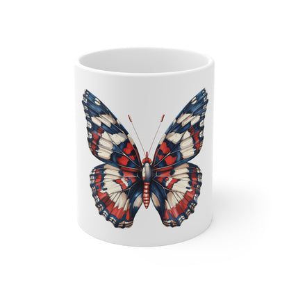 Patriotic Pattern Butterfly Mug – Red White Blue Detailed Butterfly Coffee Mug – Americana Wing Pattern Art Cup – Unique USA Gift Mug Mug 11oz