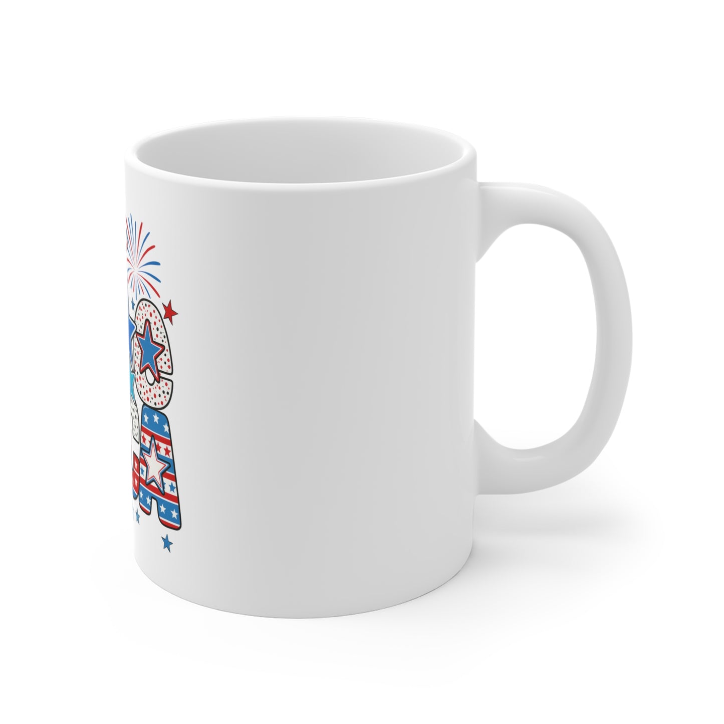America USA Patriotic 11oz Coffee Mug — Red White Blue Stars & Fireworks