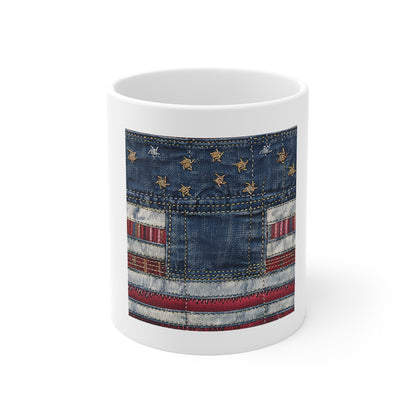 Denim American Flag Coffee Mug – Stitched Patriotic Jeans Design Mug – Rugged Americana Style Cup – USA Pride Gift for Men & Women — Rustic Patriotic 11oz Coffee Cup