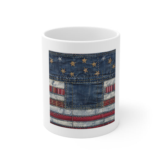 Denim American Flag Coffee Mug – Stitched Patriotic Jeans Design Mug – Rugged Americana Style Cup – USA Pride Gift for Men & Women — Rustic Patriotic 11oz Coffee Cup