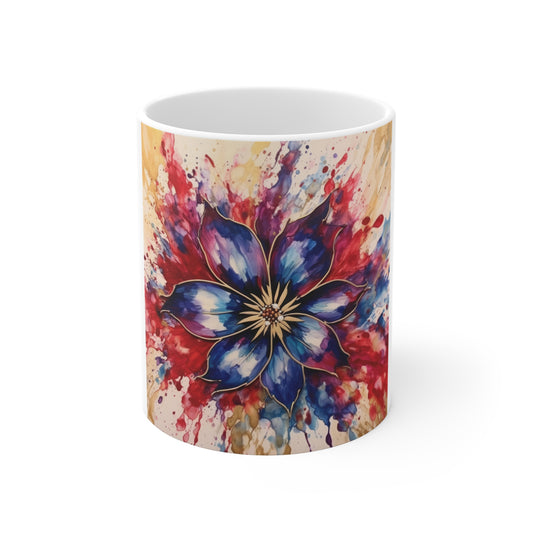 Patriotic Floral Burst Coffee Mug – Red White Blue Watercolor Flower Mug – Explosive Ink Bloom Cup – Artistic Americana Gift Colorburst Floral Mug — Vibrant Blue & Red Watercolor Flower Ceramic Coffee...