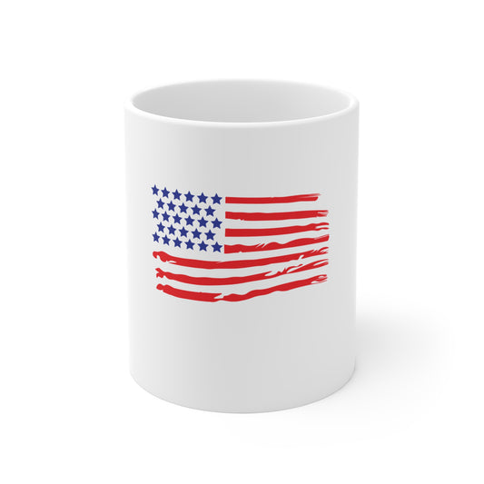 Distressed American Flag Coffee Mug – Brush Stroke USA Flag Mug – Rugged Patriotic Cup – Red White Blue Gift Mug 11oz