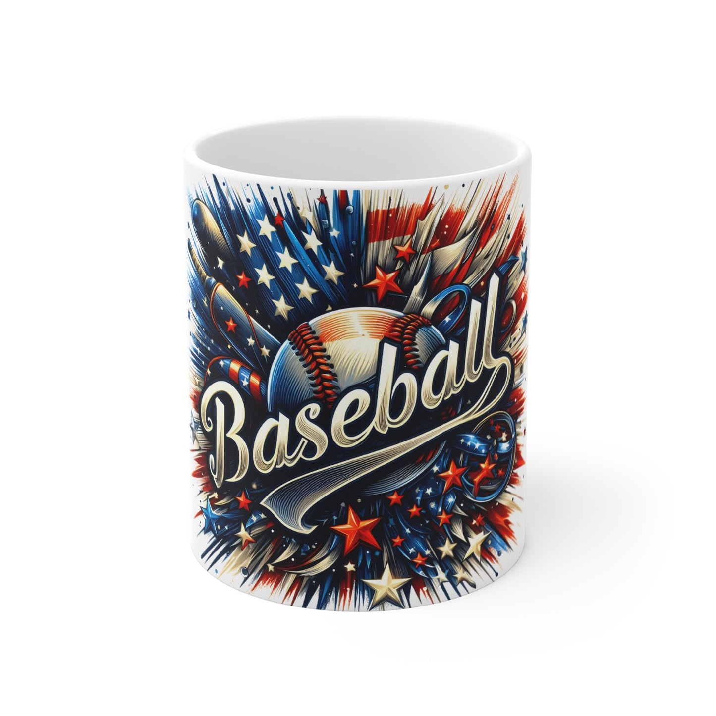 Vintage Patriotic Baseball Coffee Mug – USA Baseball Script Mug – American Flag Baseball Art Cup – 4th of July Sports Gift 11oz