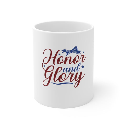 Honor and Glory Mug — Patriotic 11oz Coffee Cup (Red & Blue Ribbon Design)