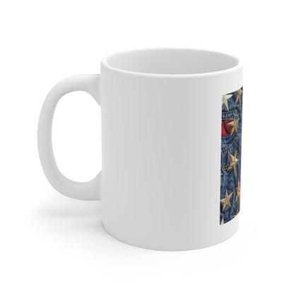 Distressed Denim American Flag Coffee Mug – Embroidered Stars & Stitched Patchwork USA Mug – Rugged Patriotic Jeans Design CupAmerican Flag Denim Patch Mug — Patriotic 11oz Coffee Cup